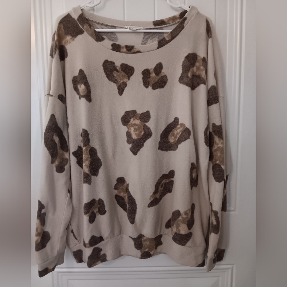 Cream and Brown Crew Neck Leopard Print Sweater
